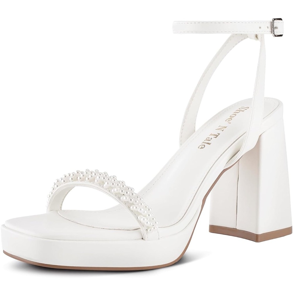 Platform Pearl Chunky Heel Sandals with Square Toe and Ankle Strap